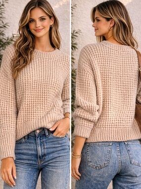 H&M Chunky Knit Sweater Beige Cropped Cozy Textured Pullover Small